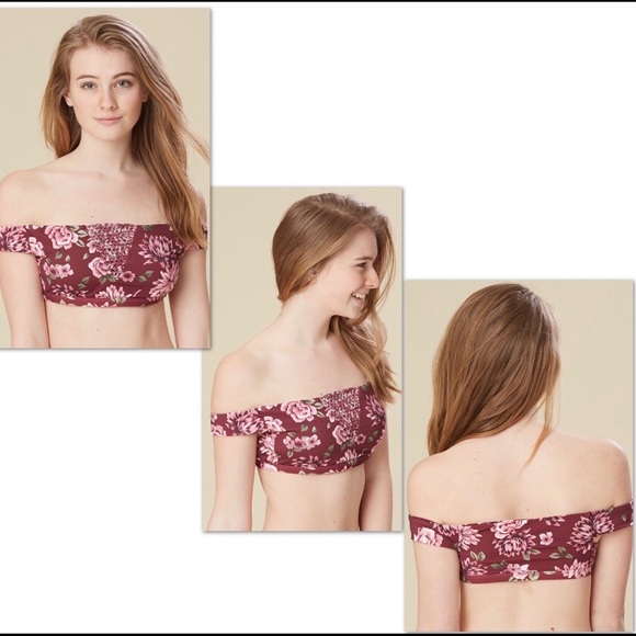 MAROON FLORAL Off The Shoulder Bikini Swim Top - Picture 2 of 5